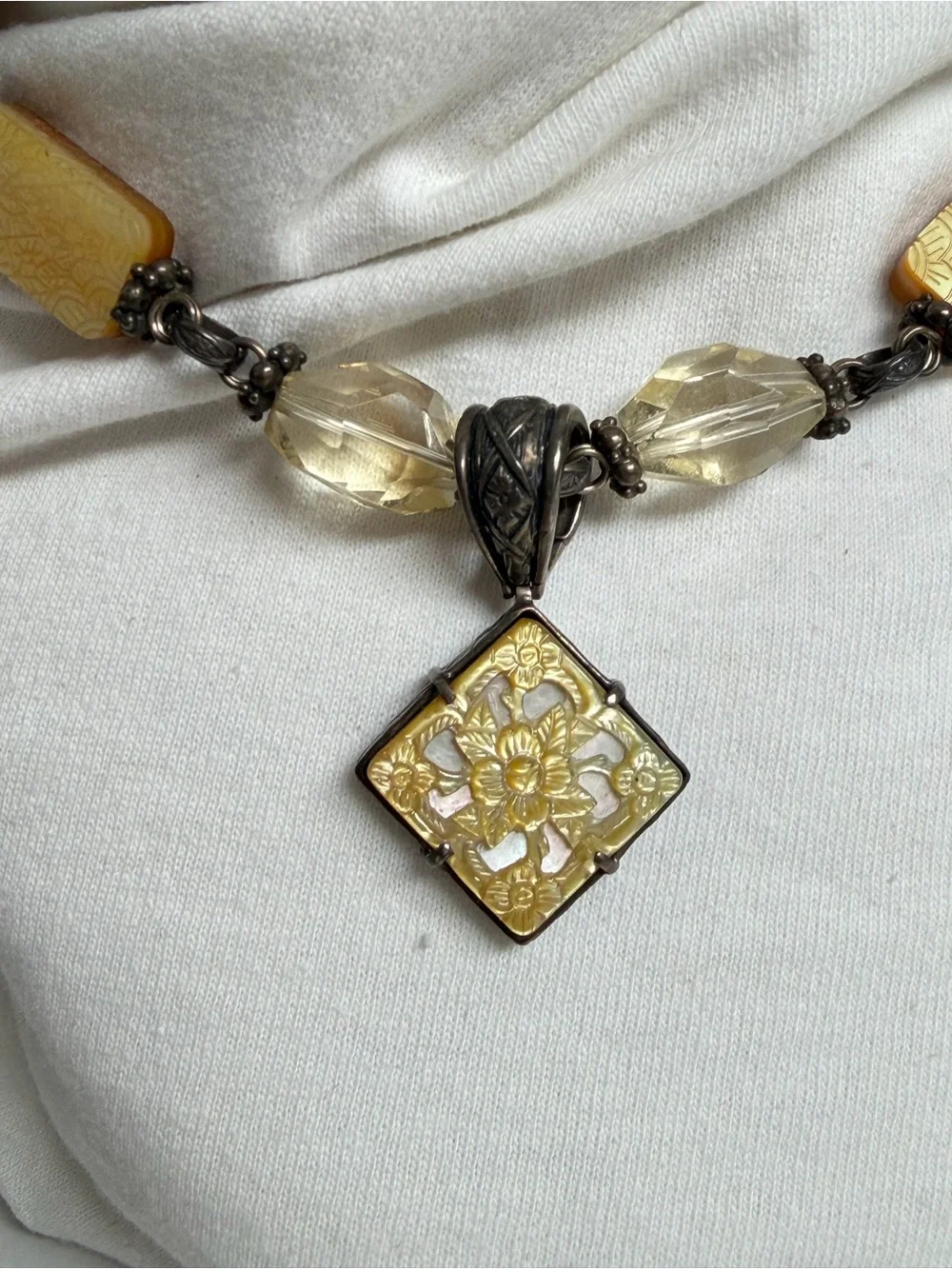 Vintage 90’s Stephen Dweck .925 Silver Pearl Amber, Citrine & Quartz Necklace